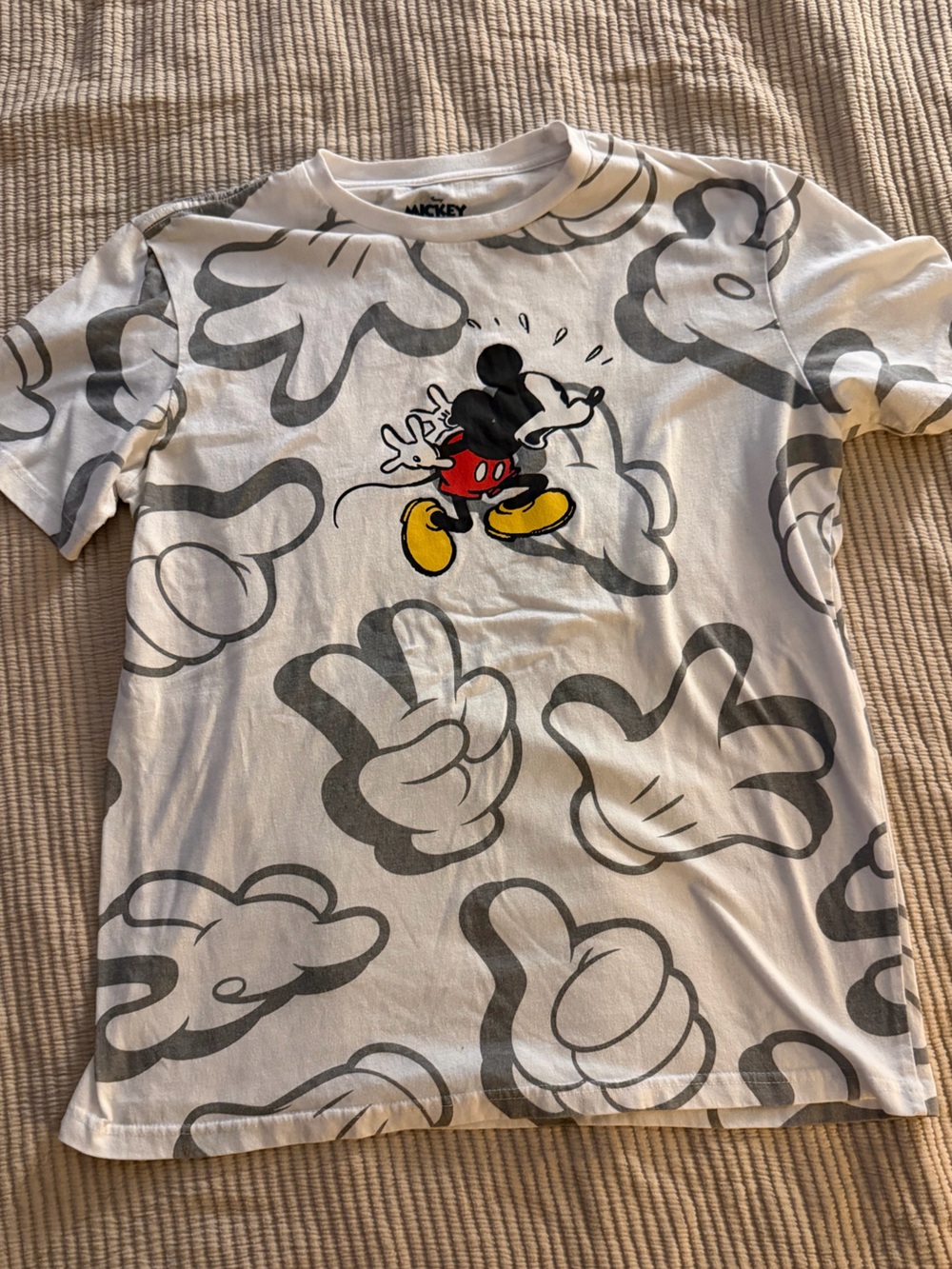 Disney Mickey Mouse White Kids Pajama Top with Gray Handprint Motif